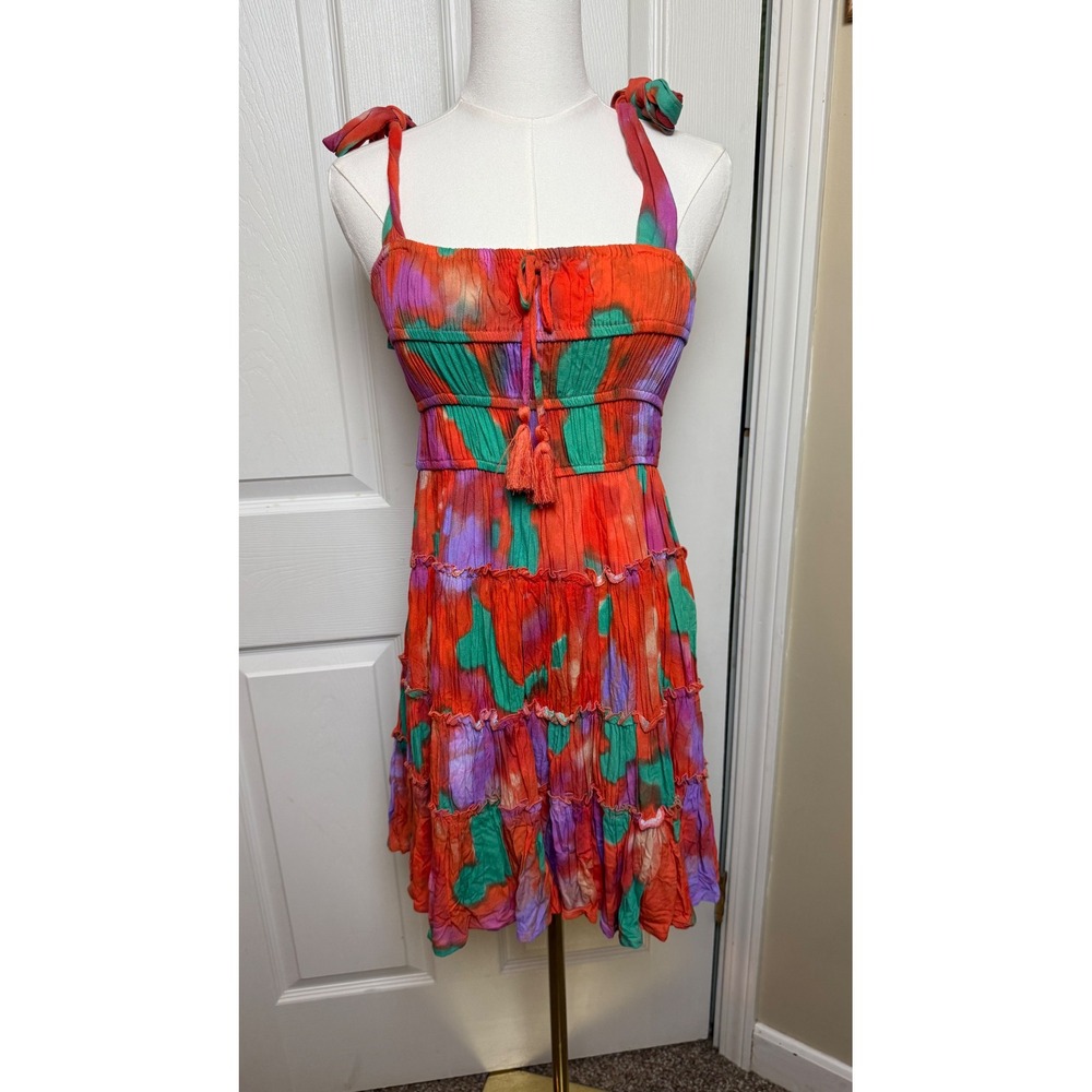 Chelsea & Violet Tie Dye Smocked Mini Dress Orange‎ Green Purple Medium NWT